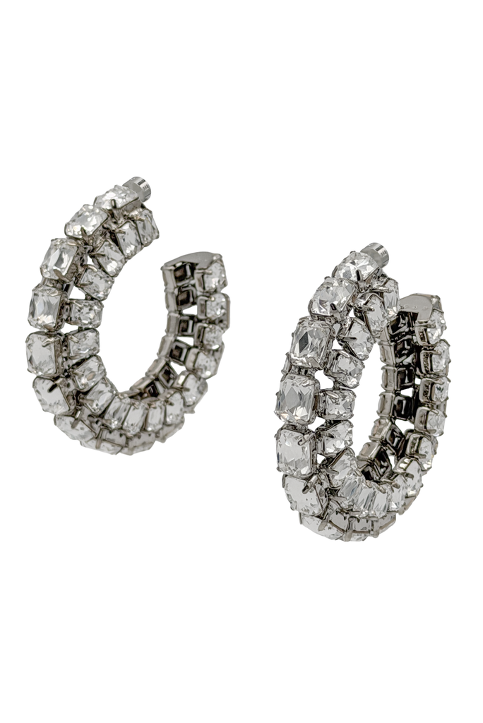 Area Silver Three Sided Baguette Crystal Hoop Earrings
