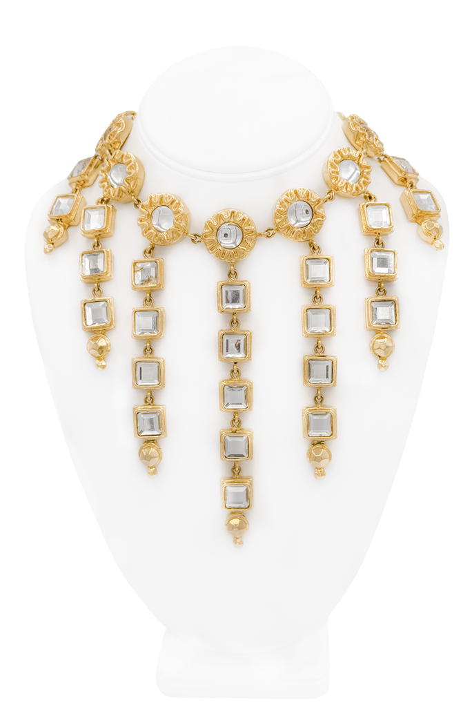 Escada Gold Embellished Mirrored Rhinestones Long Drop Necklace