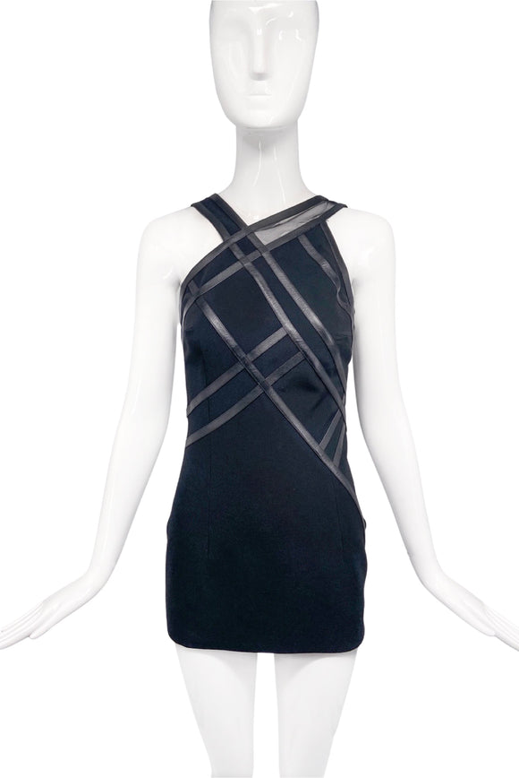 David Koma Black Leather Bondage Strap Sheer Dress