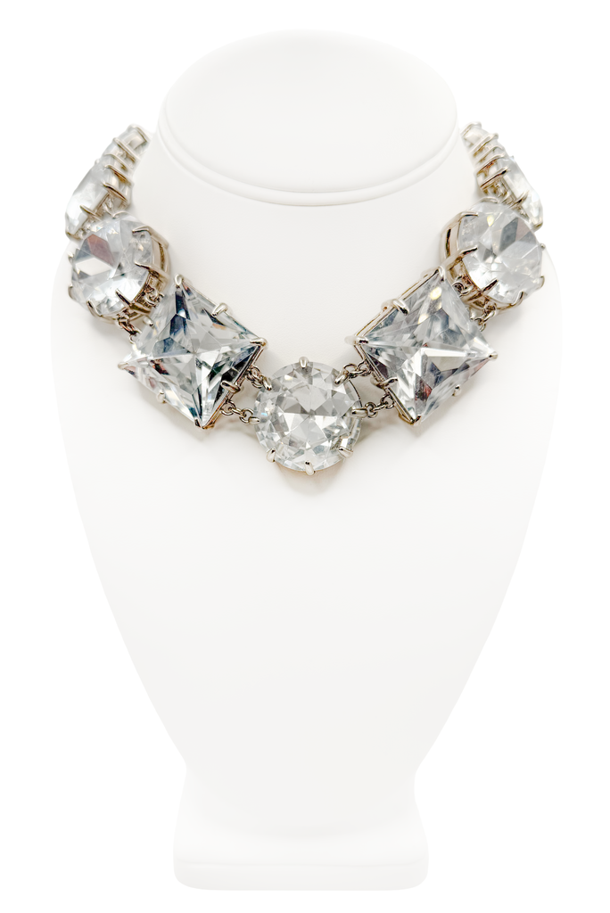 Vintage Silver Oversized Circular & Square Crystal Link Necklace