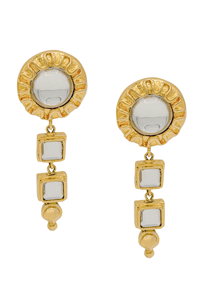 Escada Gold 80s Embellished Mirrored Rhinestone Setting Drop Earrings