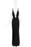 Roberto Cavalli Black Ruched Low Cut Gold Snake Ring Gown