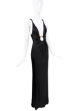 Roberto Cavalli Black Ruched Low Cut Gold Snake Ring Gown