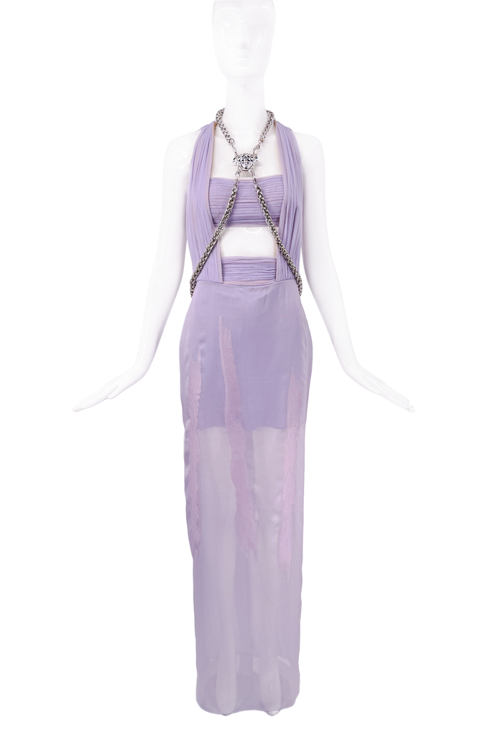 Versace Purple Lavender Cut Out Mesh Gown With Medusa Silver Metal Harness