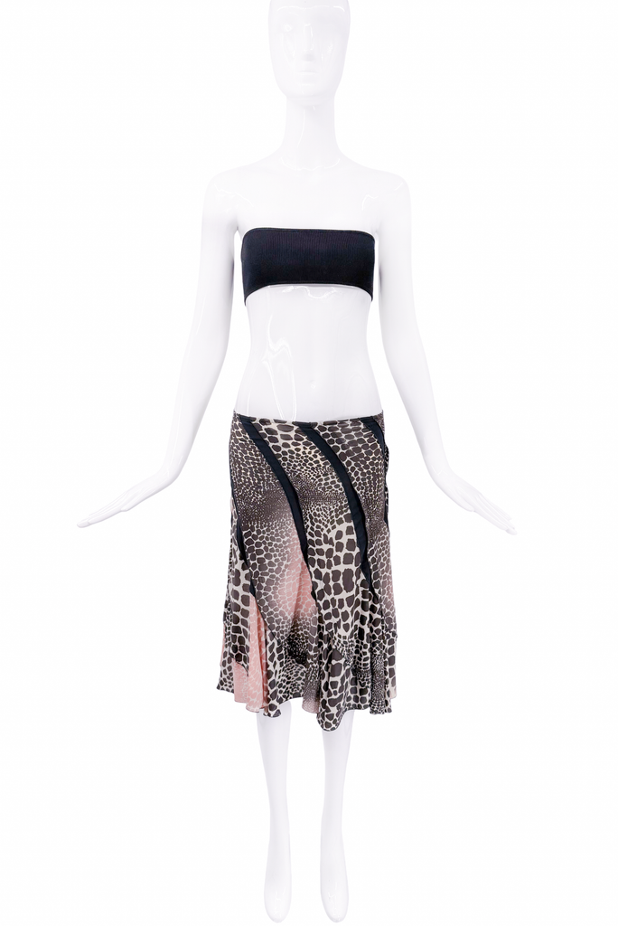 Roberto Cavalli Brown & Pink Checkered Giraffe Print Silk Midi Skirt 2003/2004