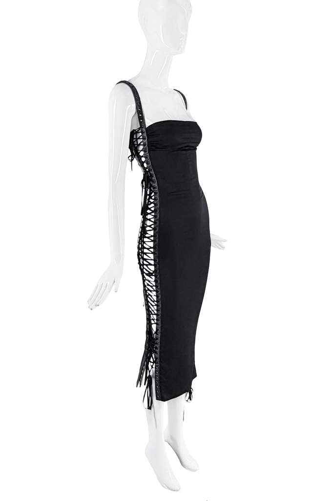 Dolce & Gabbana Black Satin Leather Strap Lace Up Bodycon Dress SS2003