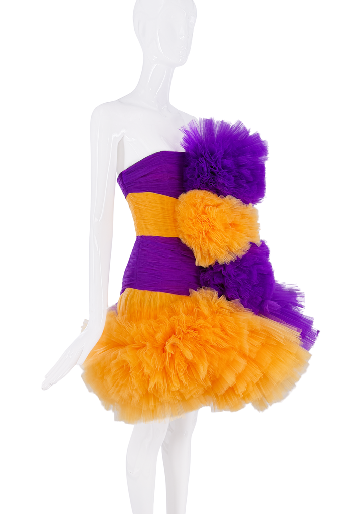 Caroline Herrera Purple Orange Tulle Ruffle Poof Dress