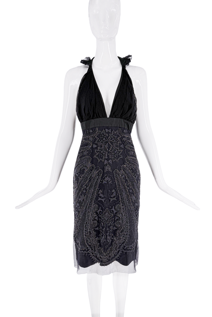 Gucci Black Ruffle Beaded Embroidered Halter Dress