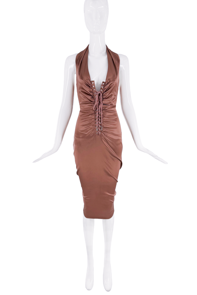 Dolce & Gabbana Brown Mauve Bodycon Lace Up Halter Dress