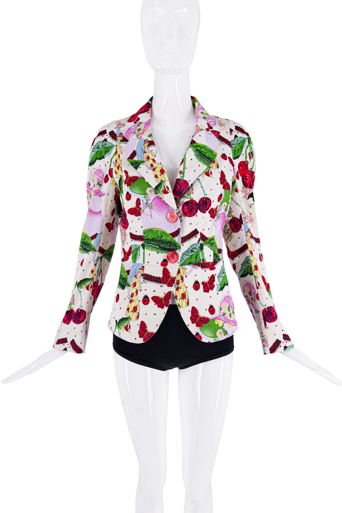 John Galliano White Red Green Cherry Graphic Print Suit Jacket Blazer FW2003
