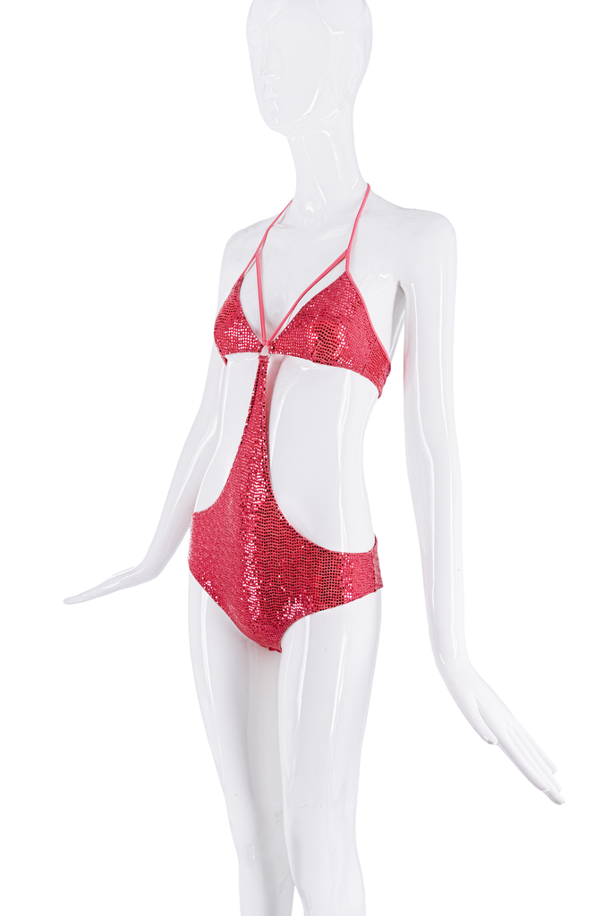 Gucci Hot Pink Sequin Cut Out One Piece Bikini Swimsuit