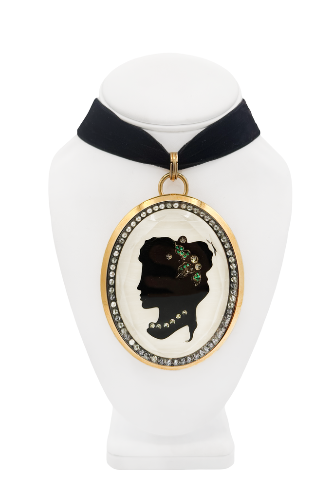 Lanvin Gold Black Pavé Crystal Green Gemstone Cameo XL Pendant Choker Necklace