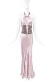 Roberto Cavalli Pink Silk Bias Cut Draped Halterneck Bow Dress Gown