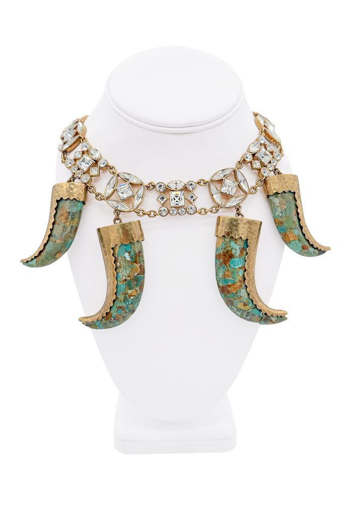 Roberto Cavalli Gold Crystal Semi Precious Stone Claw XL Charm Pendant Collar Necklace