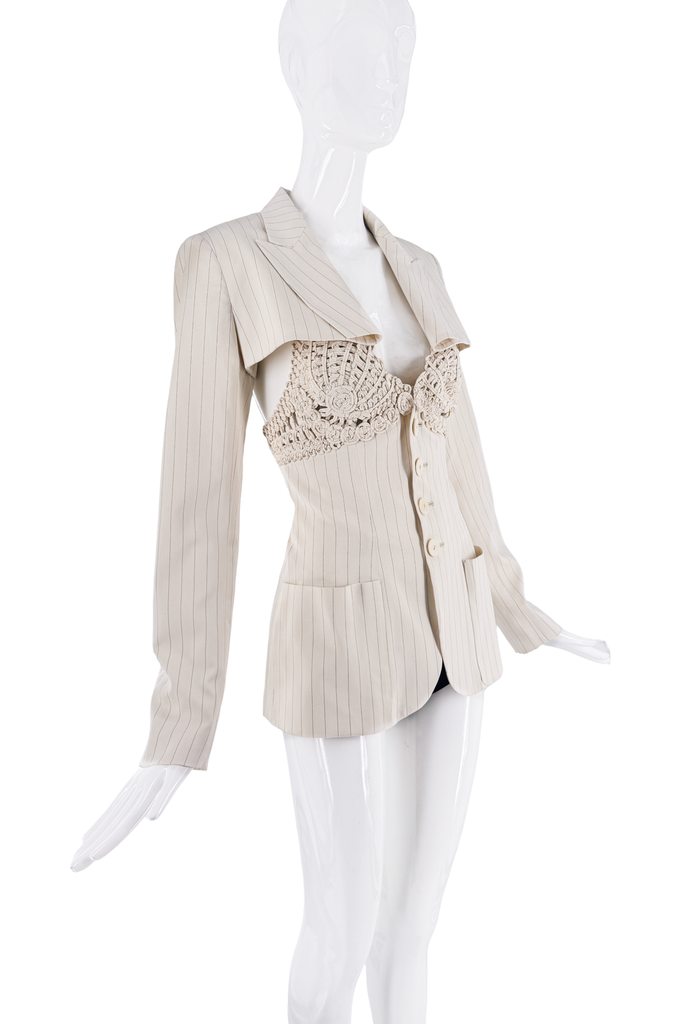 Jean Paul Gaultier White Creme Striped Crop Jacket and Crochet Top Set