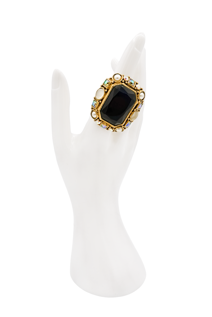 Poggi Paris Gold Black Blue Iridescent Gemstone Pearl Rectangular Statement Ring
