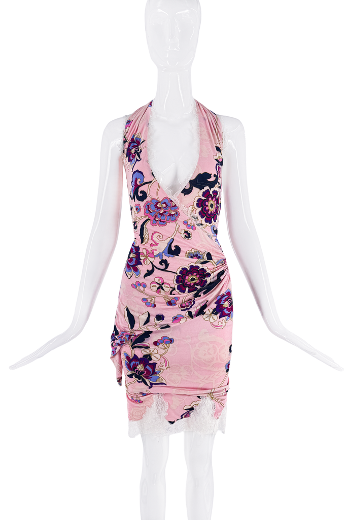 Ungaro Pink Multicolor Floral Print Lace Halter Dress