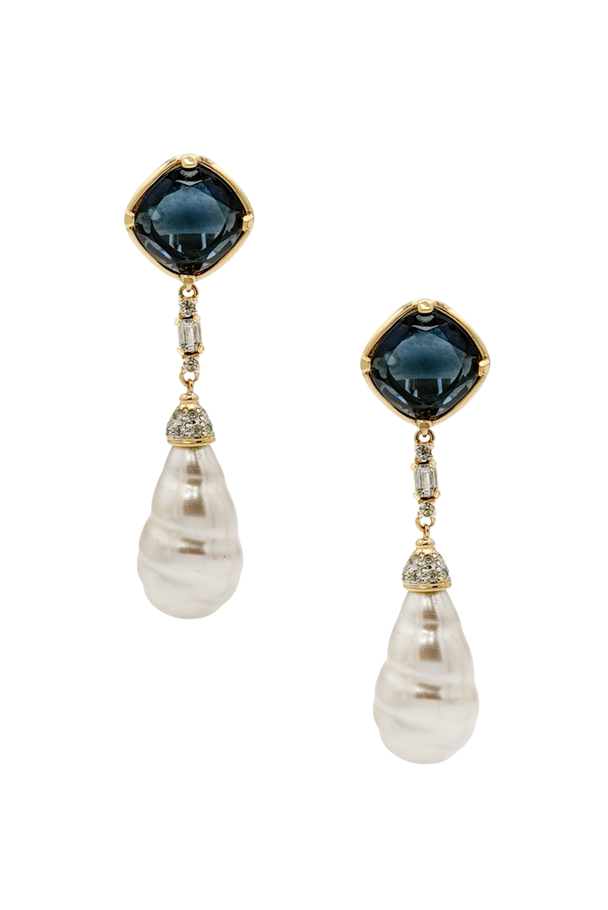 Valentino Gold Pearl Blue Gemstone Pavé Crsytal Embellished Drop Earrings