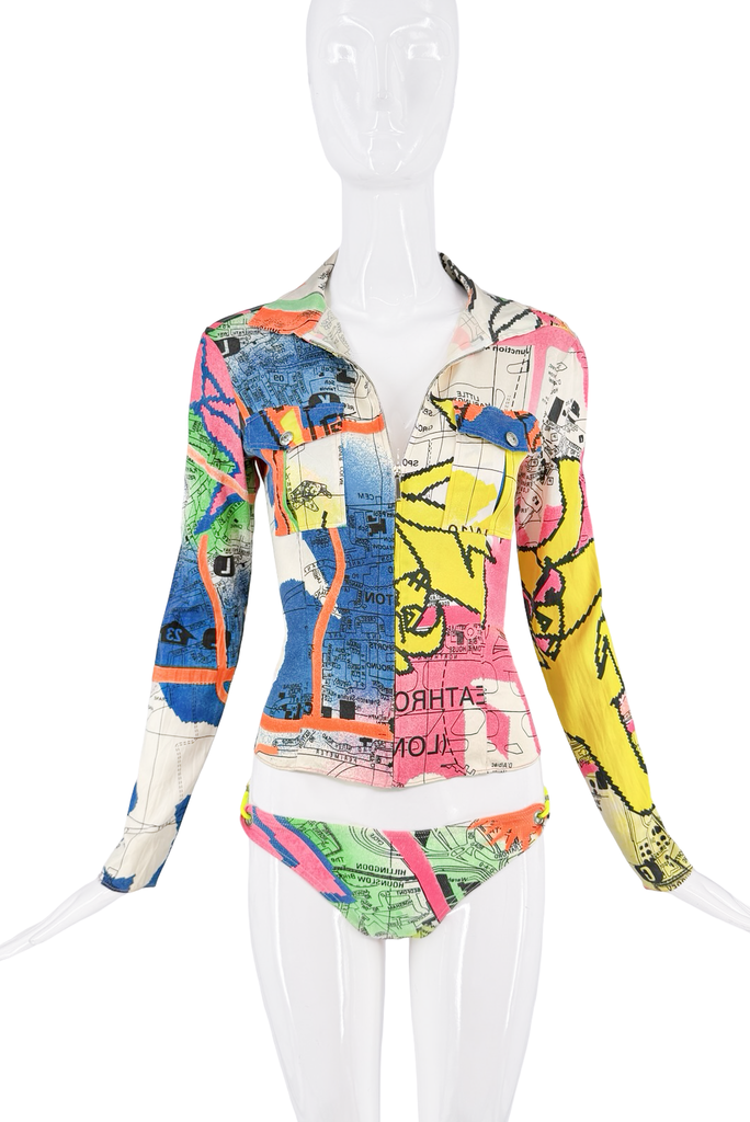 Christian Dior x Galliano Blue Yellow Pink Orange Multicolor Zipper Collar Shirt Top FW2001