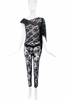 Fausto Puglisi Black Lace Beaded Fringe Leather Top & Lace Beaded Leggings