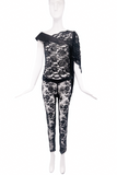 Fausto Puglisi Black Lace Beaded Fringe Leather Top & Lace Beaded Leggings