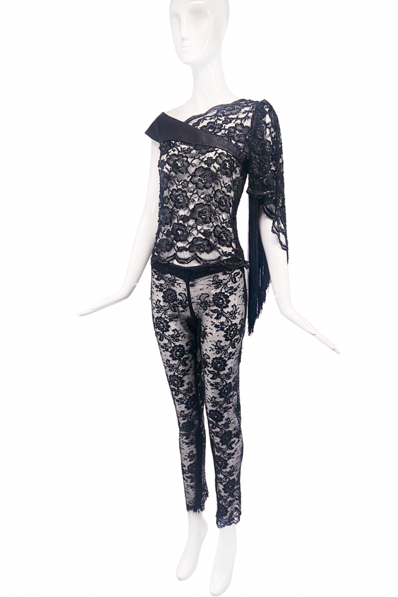 Fausto Puglisi Black Lace Beaded Fringe Leather Top & Lace Beaded Leggings