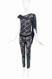 Fausto Puglisi Black Lace Beaded Fringe Leather Top & Lace Beaded Leggings