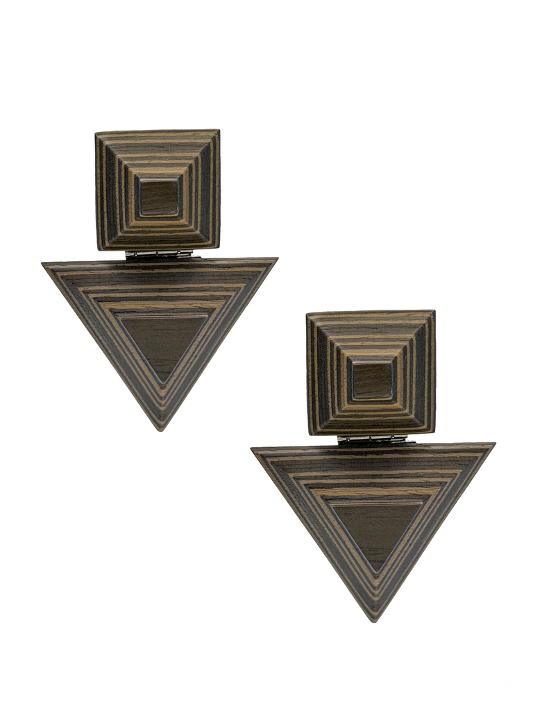 Missoni Brown Wood Geometric Square Triangle Pattern Earrings