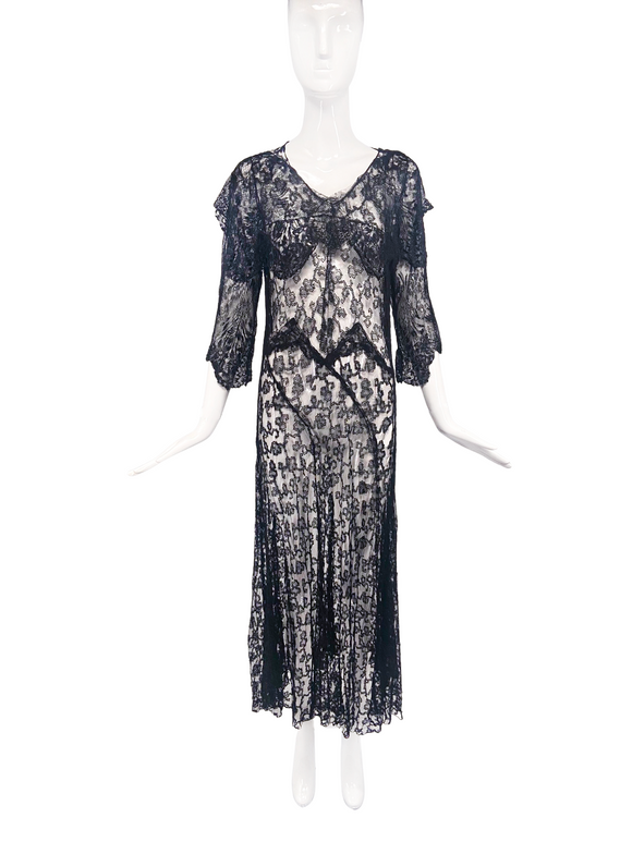 Vintage Black Lace Sheer Delicate Shawl Zig Zack Collar Dress