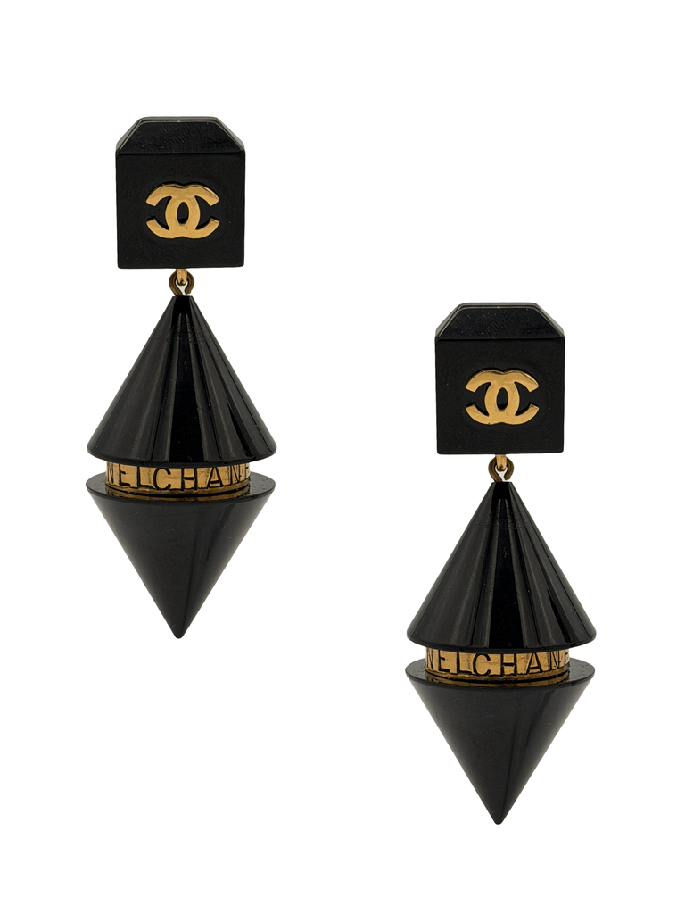 Chanel Black Gold Double Cone Logo Drop Earrings