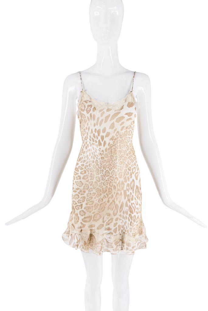 Blumarine Tan Creme Leopard Print Rufle Slip Dress