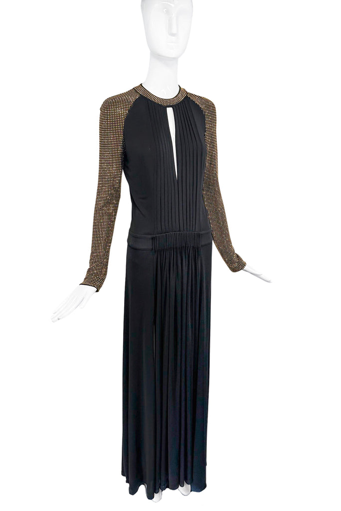 Roberto Cavalli Just Cavalli Black Pleat Key-Hole Detail Dress with Gold Stud Sleeve Details Dress Gown