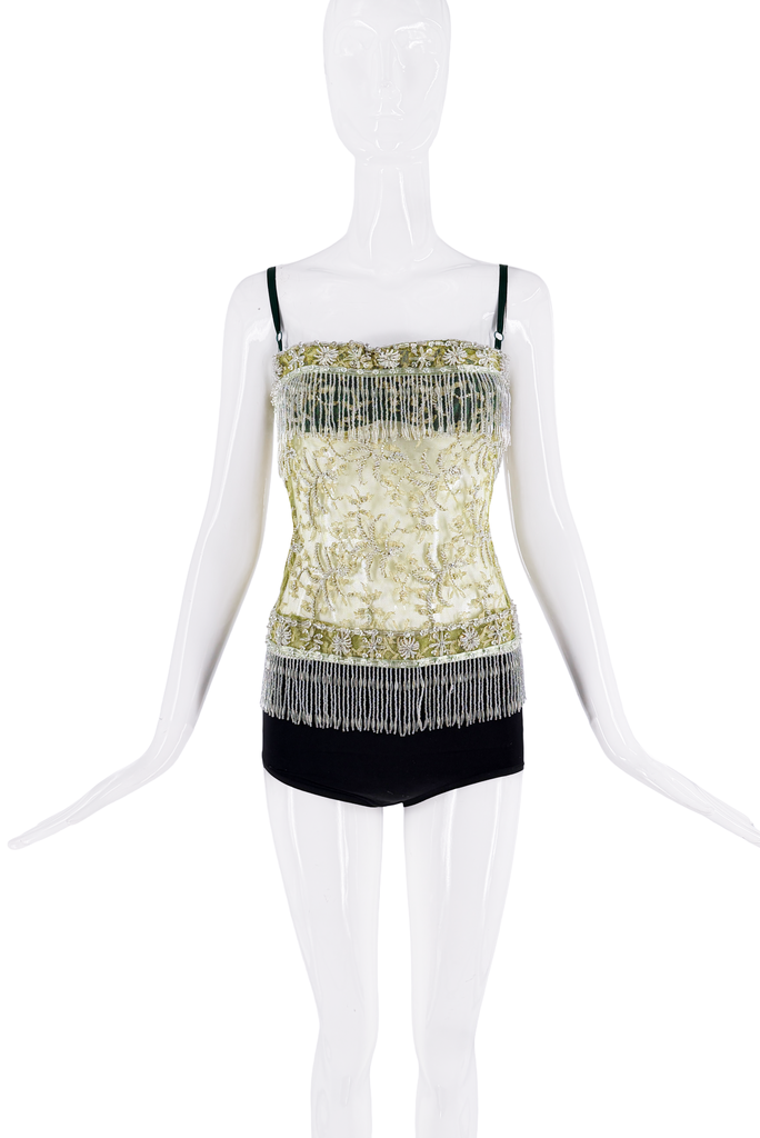 Dolce & Gabbana Green Embroidered Sheer Beaded Fringe Top