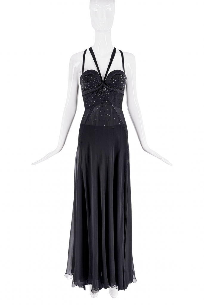 Versace Black Crystal Sheer Bustier Halter Dress Gown