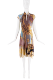 Roberto Cavalli Yellow Gold Blue Print Baroque Print Collar Dress SS2003