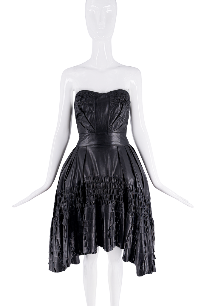 Christian Dior Black Leather Pleated Bustier Corset Dress Runway FW2010