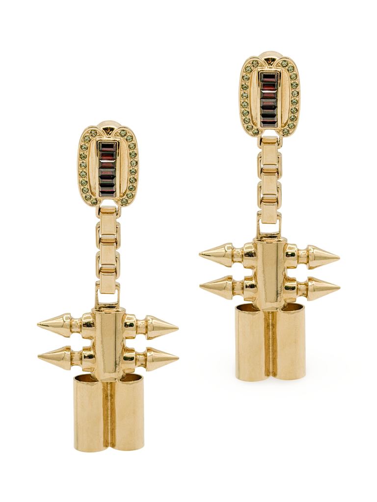 Mawi Gold Green and Red Rhinestones Spiked Chain Drop Earrings