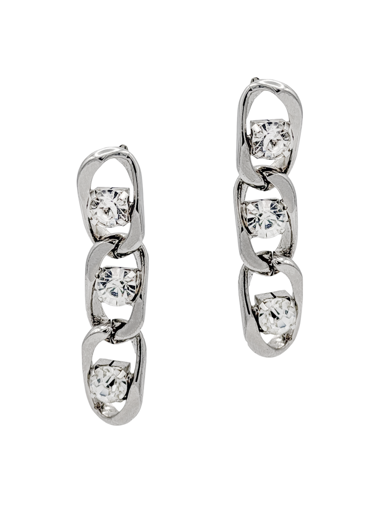 Vintage Silver Chain Link Crystal Drop Earrings
