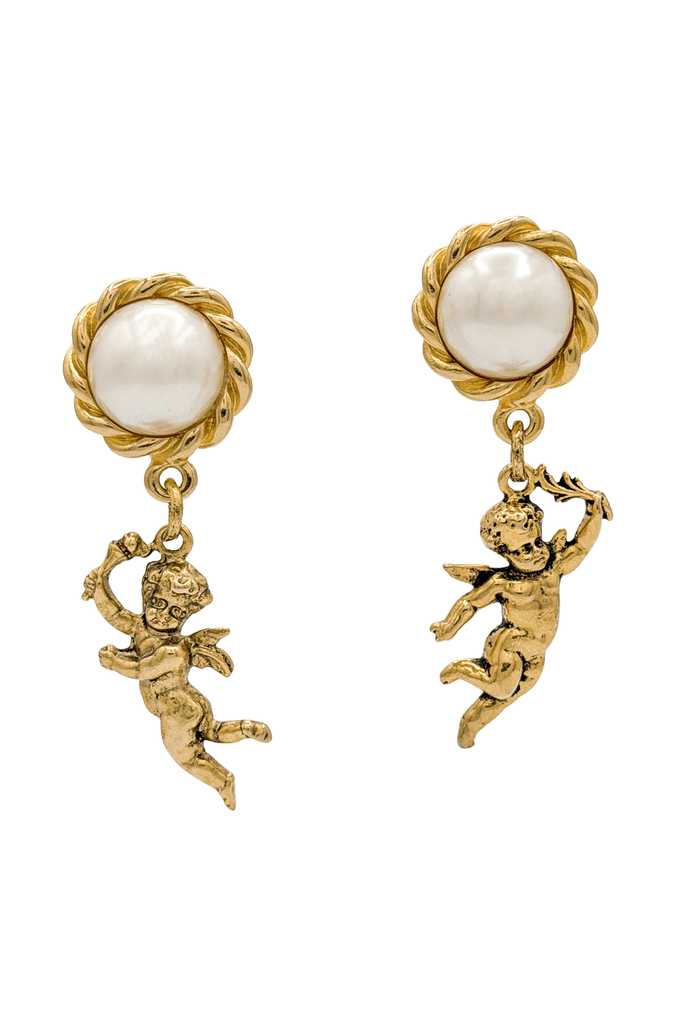 Moschino Gold Pearl Cherub Drop Earrings