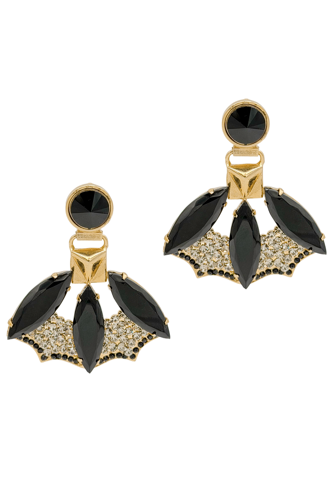 Etro Gold with Black Rhinestone and Pavé Crystal Fan Earrings