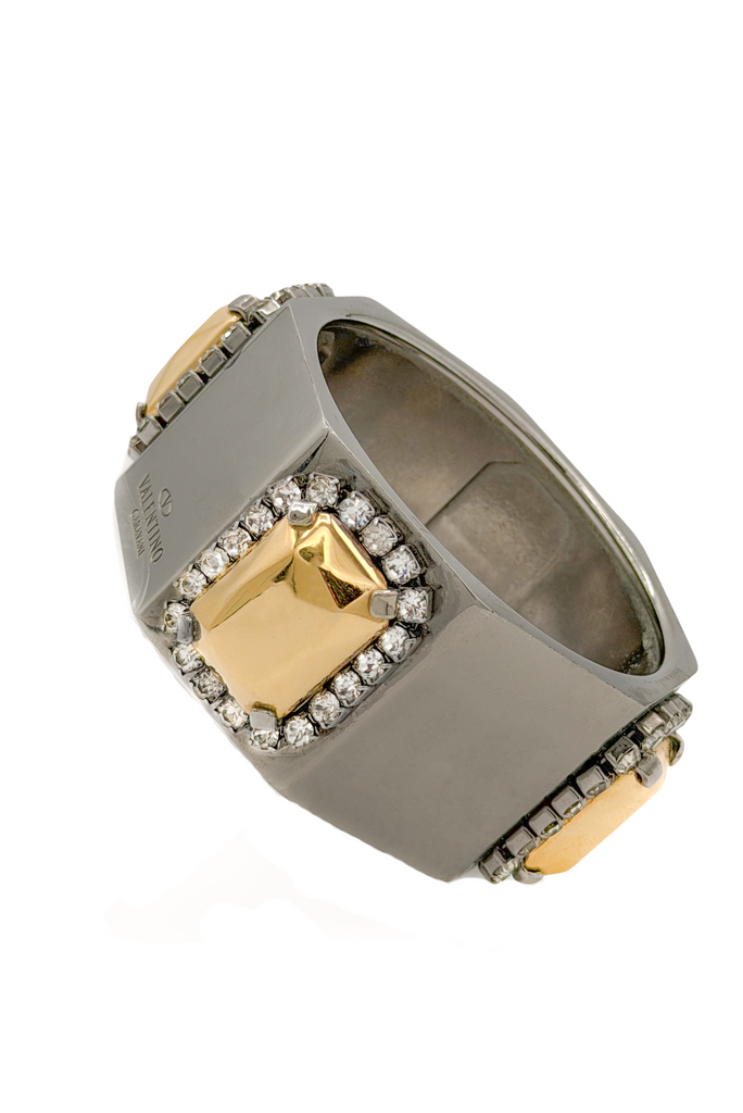 Valentino Gunmetal With Gold and Clear Rhinestones Cuff Bracelet