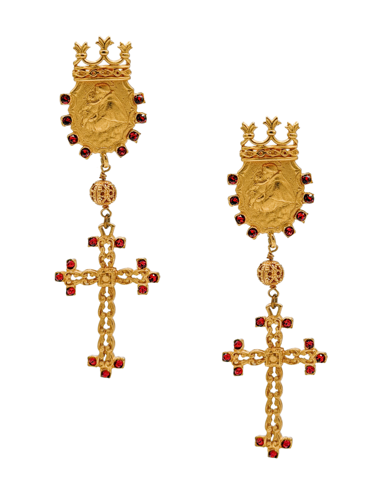 Dolce & Gabbana Gold Red Gemstone Crown Embellished Cross Earrings