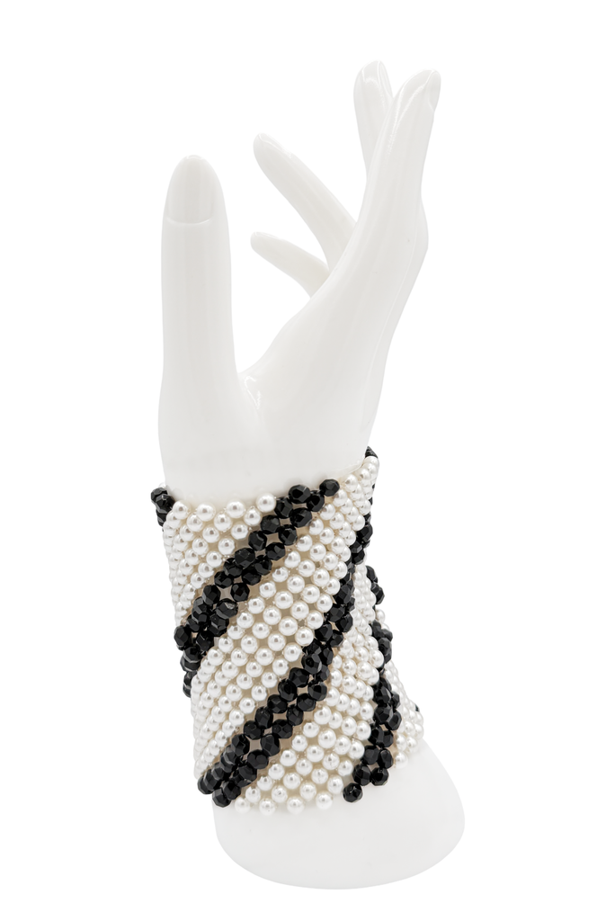 Valentino Black and White Beaded Long Cuff Bracelet