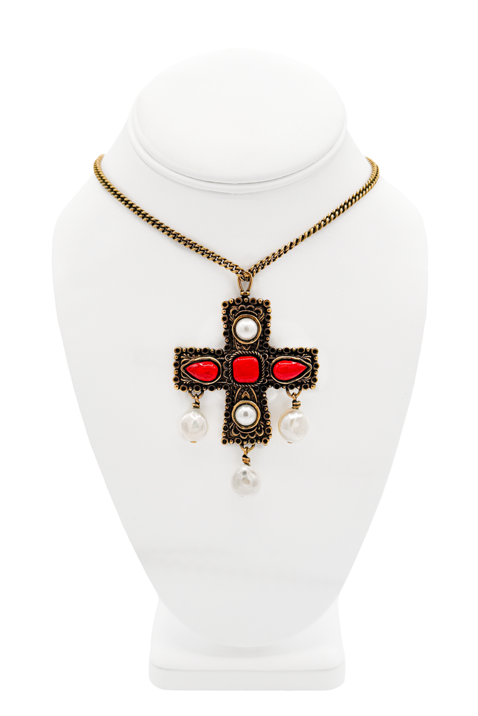 Roberto Cavalli Gold Bronze Pearl Red Agate Gemstone Cross Pendant Chain Necklace