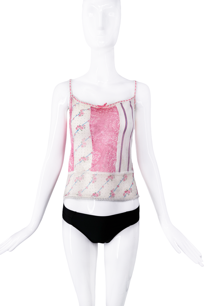 John Galliano Pink White Floral Print Lace Tank Top