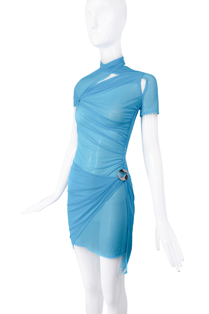 Coperni Blue Sheer Mesh Wrap Cut Out Dress