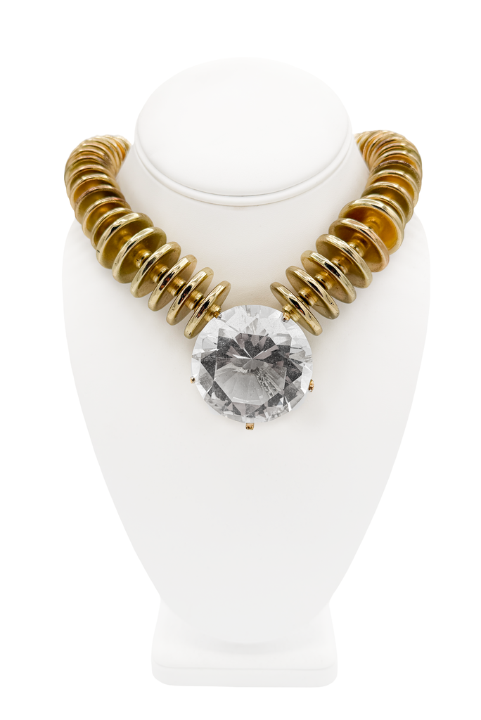 Leonikas Gold Oversized Disk Link Round Crystal Pendant Necklace