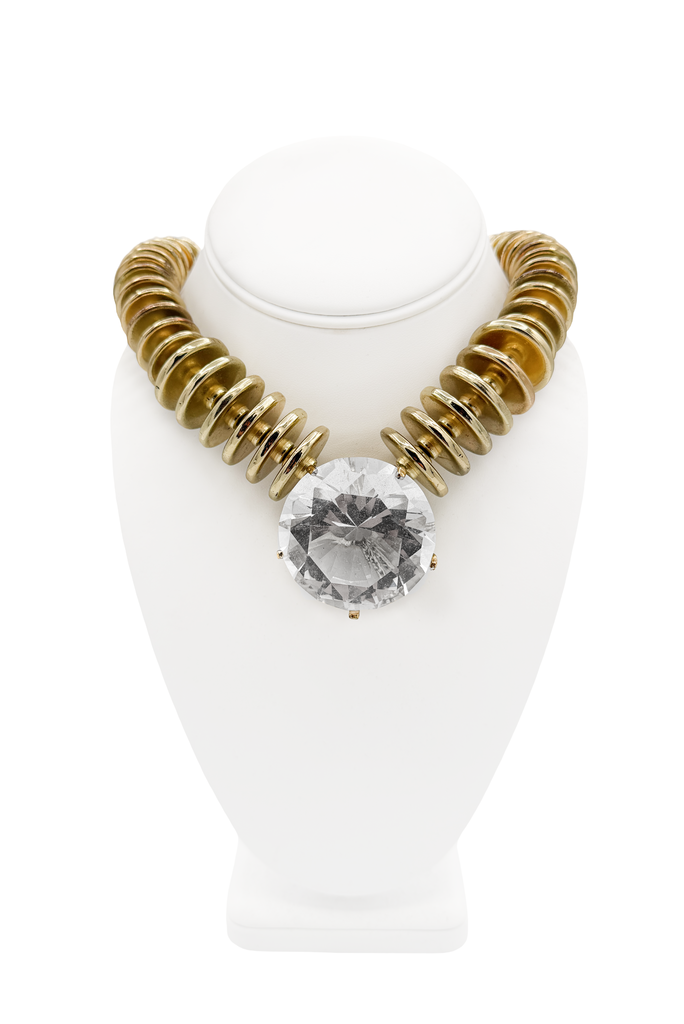 Leonikas Gold Oversized Disk Link Round Crystal Pendant Necklace