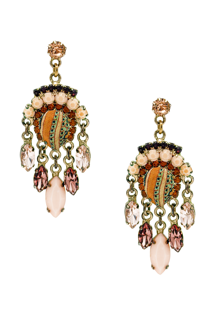 Vintage Gold Pink Crystal Gemstones Cloth Pattern Chandelier Earrings