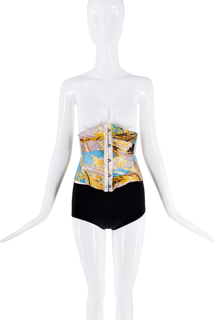 Roberto Cavalli Yellow Gold Blue Baroque Print Corset